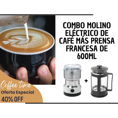 Combo Molino Eléctrico y Prensa Francesa 600ml: Disfruta Café de Calidad Superior en Minutos