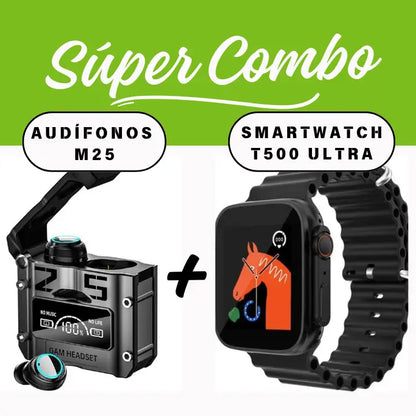 Combo Audífonos M25 y Reloj Inteligente T500 Ultra