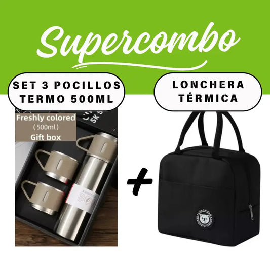 Combo Termo de 500ml y 3 Pocillos Inoxidables Más Lonchera Térmica en Tela