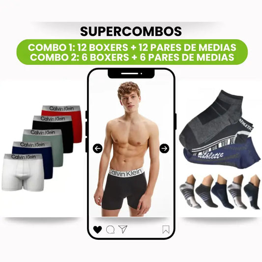 Combo de Boxers y Medias / Combo 1: 12 Boxers + 12 Pares de Medias ($129,900) / Combo 2: 6 Boxers + 6 Pares de Medias ($88,900)